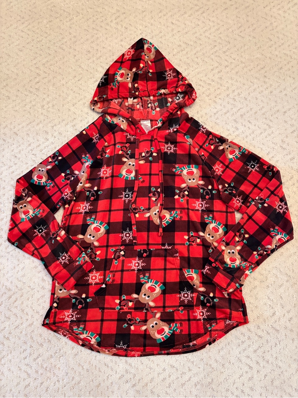 NoBo Christmas Plaid Reindeer Fleece Hooded Pullover Size XXL Red Black Soft